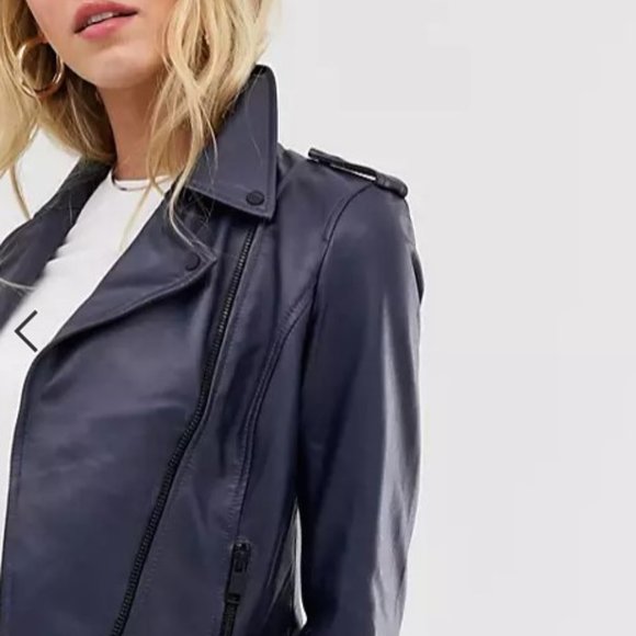Navy Barney's Originals Genuine Leather Biker Jacket Size 4 - Picture 4 of 10